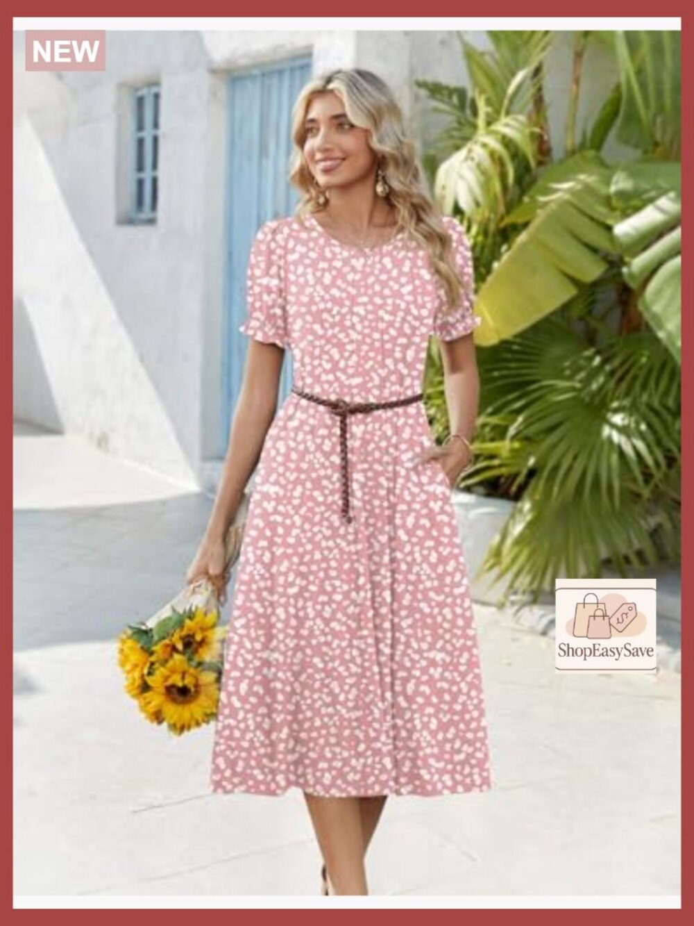 Pleated Midi Dress Puff Sleeve Flowy Casual Sundress with Pockets Elegant Chic - Picture 5 of 7